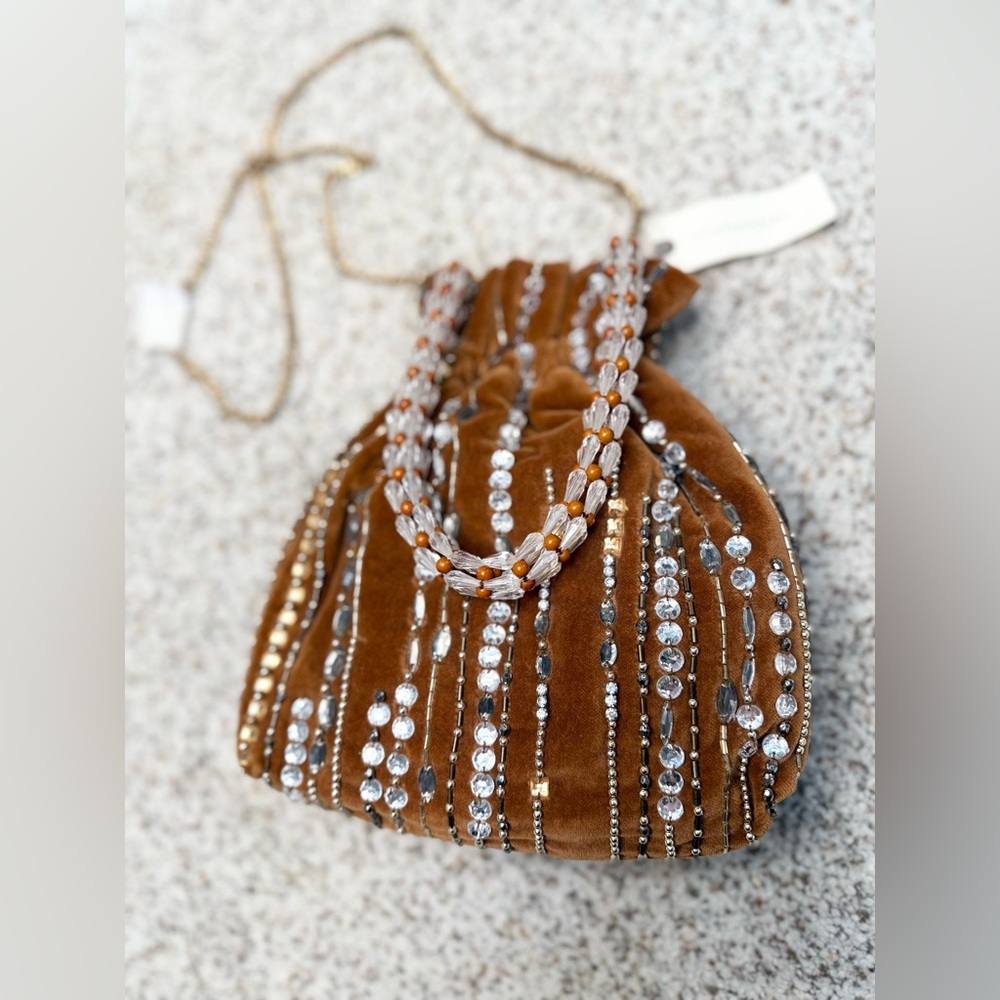 Anthropologie Brown Beaded Jeweled Embellishments Women's Evening Bag Purse NWT